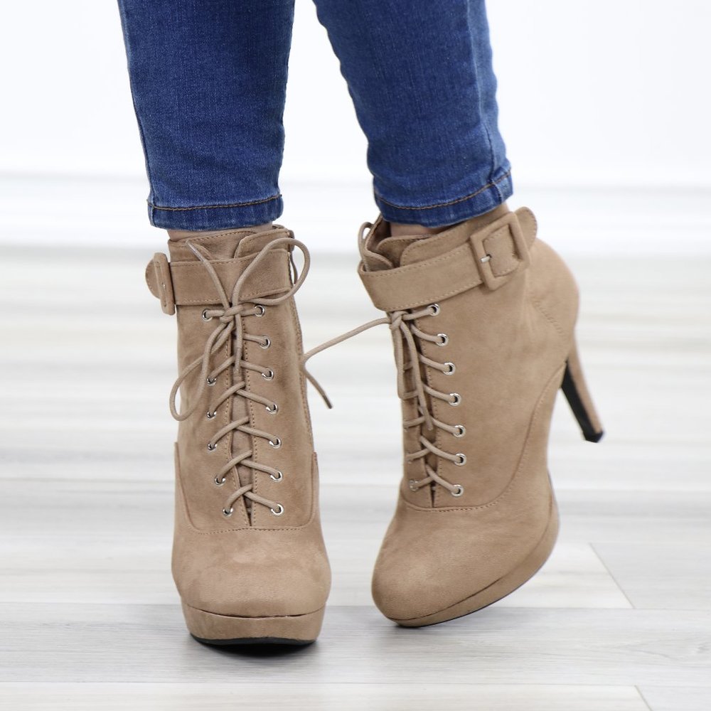 Tan Faux Suede Heel Lace-Up Ankle Booties - Picture 10 of 14